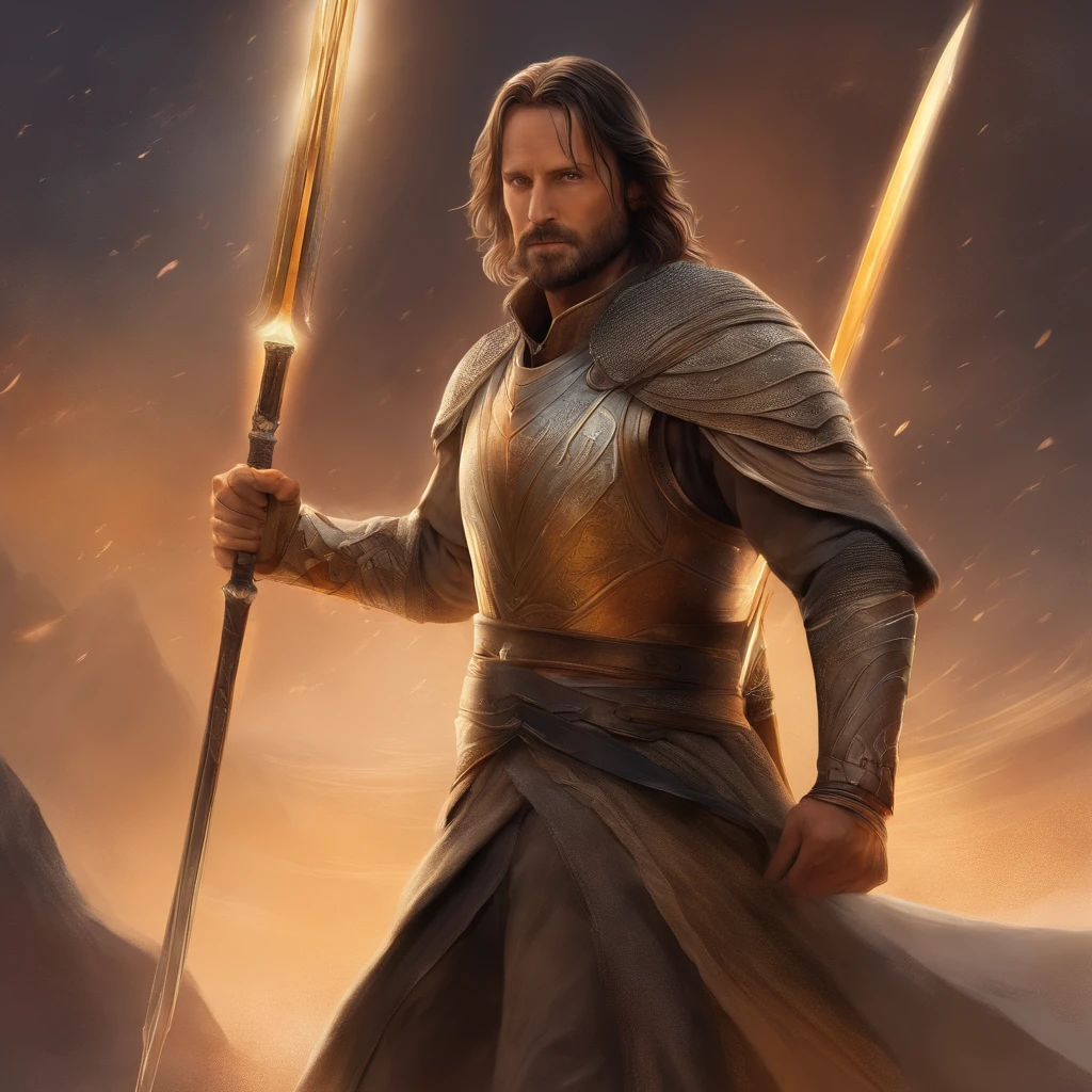 Rey Aragorn, armadura plateada, corona en la cabeza, brown hair and beard, Pose heroica, Altamente detallado, alta calidad, expresion serena, parece viggo mortensen