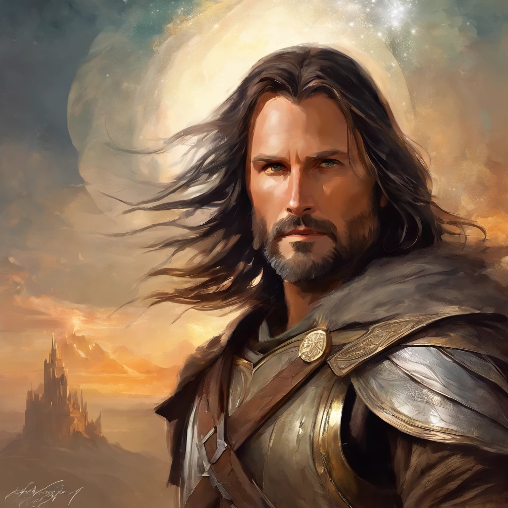 Rey Aragorn, armadura plateada, corona en la cabeza, brown hair and beard, Pose heroica, Altamente detallado, alta calidad, expresion serena, parece viggo mortensen
