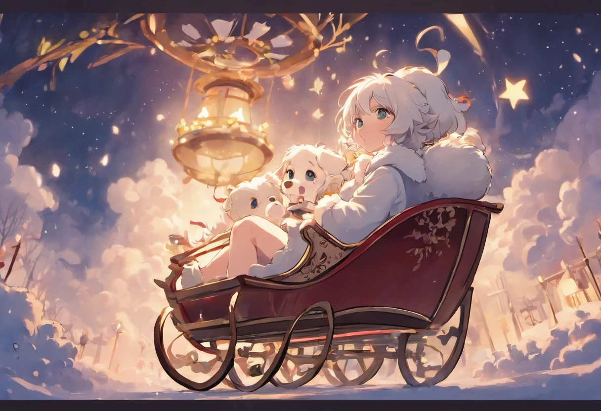Cute colouring book lineart, Pixar Style Santa Claus in a beautiful sleigh, being pulled across the sky by cute white fluffy puppies, lineart for colouring page, thin black precise lines on white background,