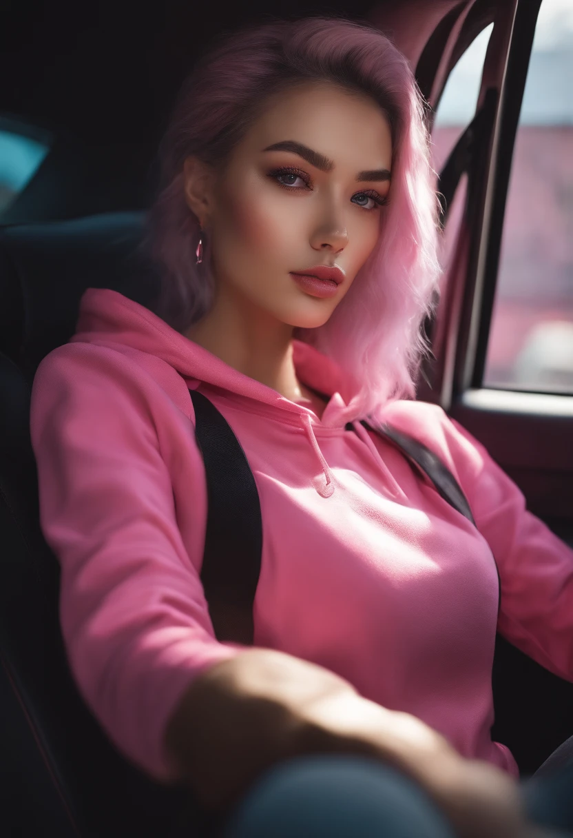 High angle photo of gorgeous young woman in cyberpunk style, Realistic skin texture, head looking up,Pink sweatshirt,Pose in the car, 1 / 2 Body cropping, 8 5mm art lens, f 1. 2, Sharp focus, 8 k high definition, insanely details, Intricate, elegant, Artwork by Stanley Lau and cyberpunk,Oversized breasts,Less clothing