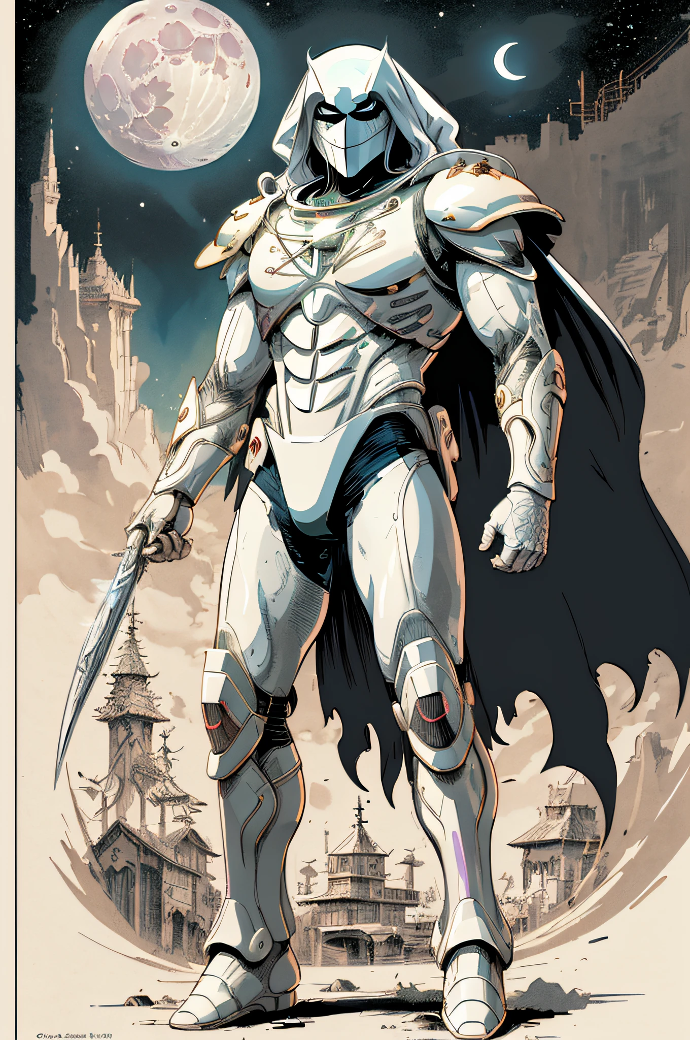 midshot, cel-shading style, centered image, (ultra detailed illustration of (Moon Knight) of Marvel comics posing), broodish, ((tetradic colors)), iridescent, inkpunk, ink lines, strong outlines, art by MSchiffer, bold traces, unframed, high contrast, cel-shaded, vector, 32k resolution, best quality