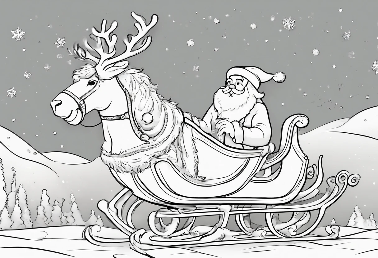 Cute colouring book lineart, Pixar Style Santa Claus in a beautiful sleigh, being pulled across the sky by cute white fluffy puppies, lineart for colouring page, thin black precise lines on white background,