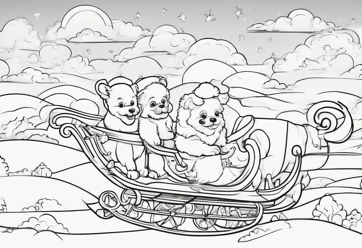 Cute colouring book lineart, Pixar Style Santa Claus in a beautiful sleigh, being pulled across the sky by cute white fluffy puppies, lineart for colouring page, thin black precise lines on white background,