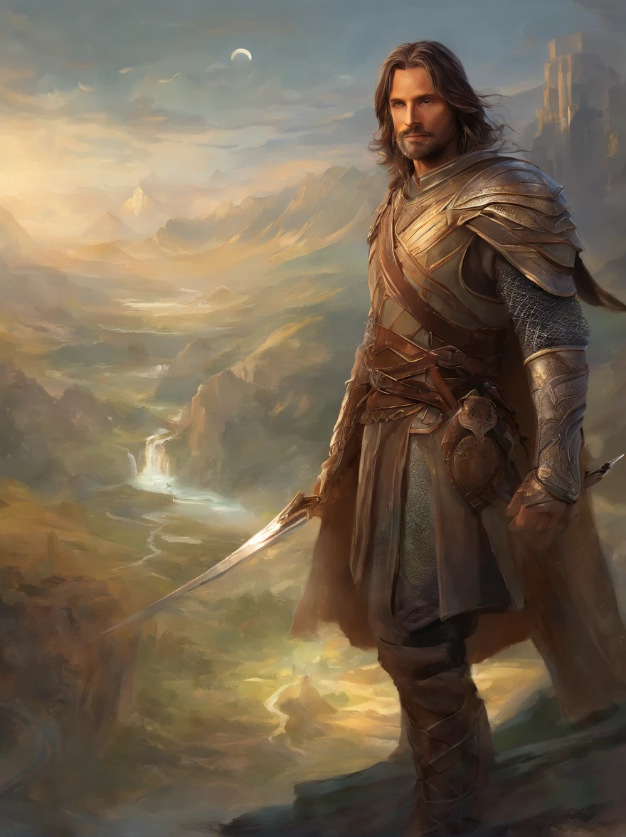 Rey Aragorn, armadura plateada, corona en la cabeza, brown hair and beard, Pose heroica, Altamente detallado, alta calidad, expresion serena, Parece Viggo Mortensen, imagen cuerpo completo