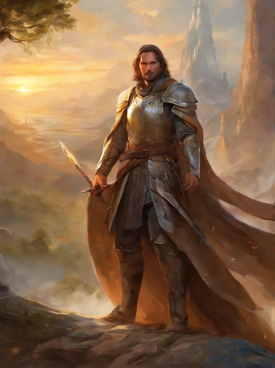 Rey Aragorn, armadura plateada, corona en la cabeza, brown hair and beard, Pose heroica, Altamente detallado, alta calidad, expresion serena, Parece Viggo Mortensen, imagen cuerpo completo