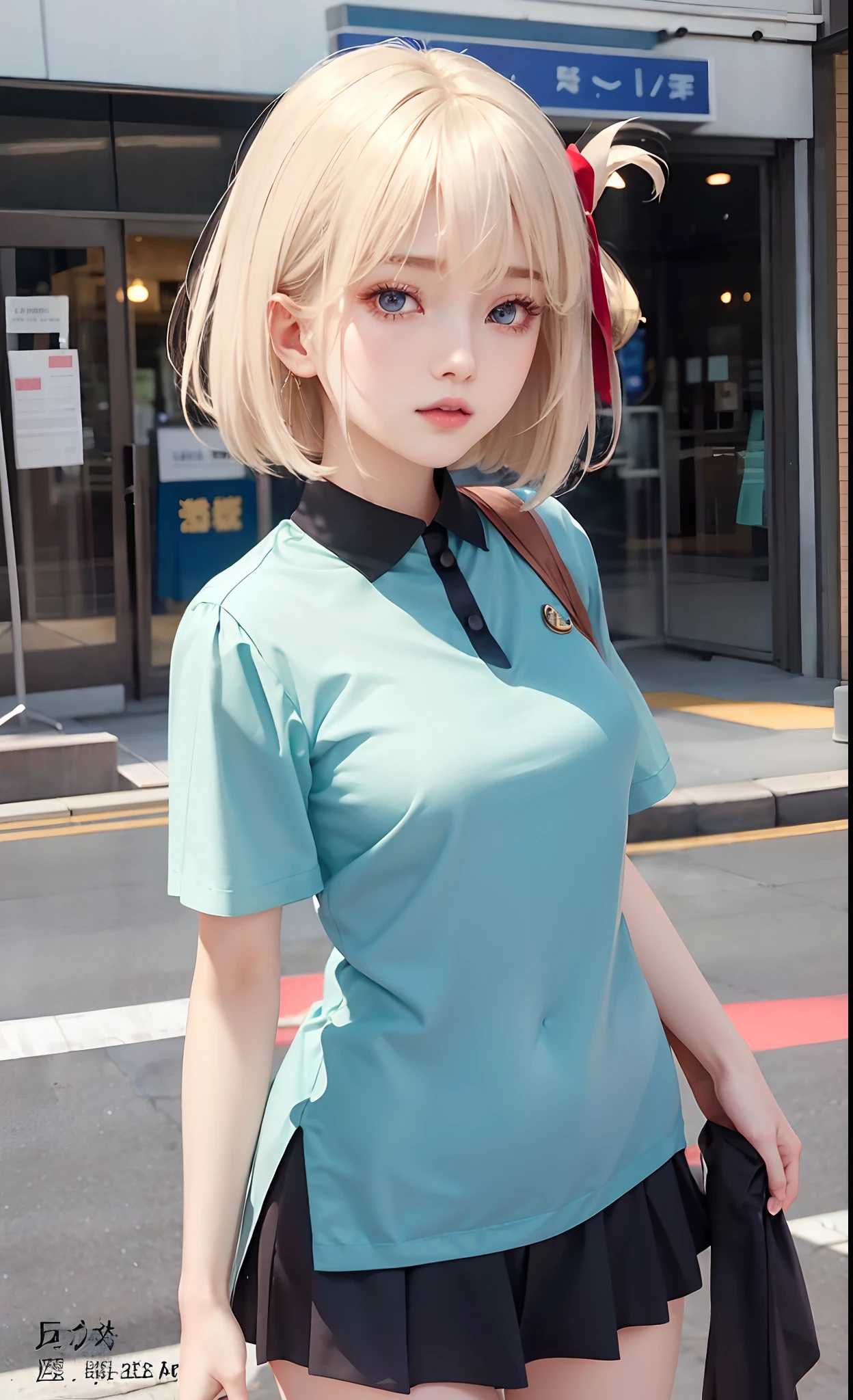 chisatonishikigi, nishikigi chisato, short hair, bangs, blonde hair, (red eyes:1.5), hair ribbon, one side up, bob cut,
BREAK shirt, long sleeves, dress, ribbon, white shirt, collared shirt, belt, neck ribbon, red dress, blue ribbon, pleated dress, grey dress, two-tone dress, red belt, lycoris uniform,,
BREAK outdoors, city,
BREAK looking at viewer, BREAK (masterpiece:1.2), best quality, high resolution, unity 8k wallpaper, (illustration:0.8), (beautiful detailed eyes:1.6), extremely detailed face, perfect lighting, extremely detailed CG, (perfect hands, perfect anatomy),