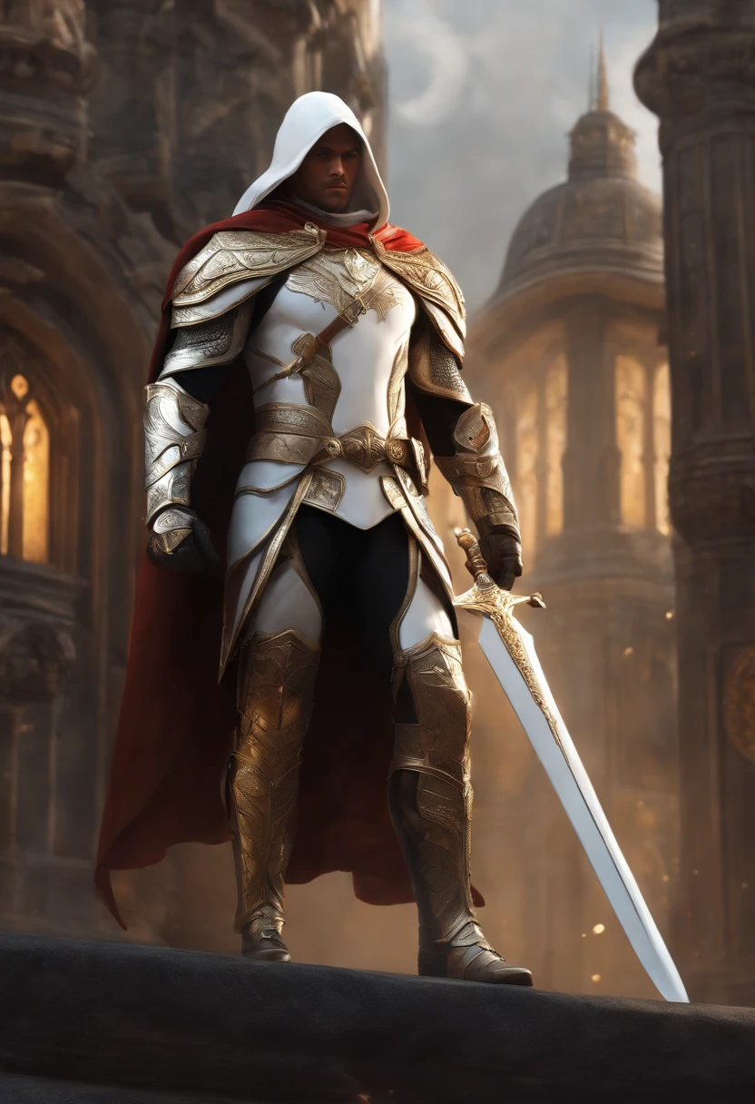 A superhero, man, dressed mainly in white, secondary colors of silver, golden and black, in fantasy city, highly detailed, digital art, looking at viewer, artstation style, intrincate details, noble man armor, sword on hand, cloak on back