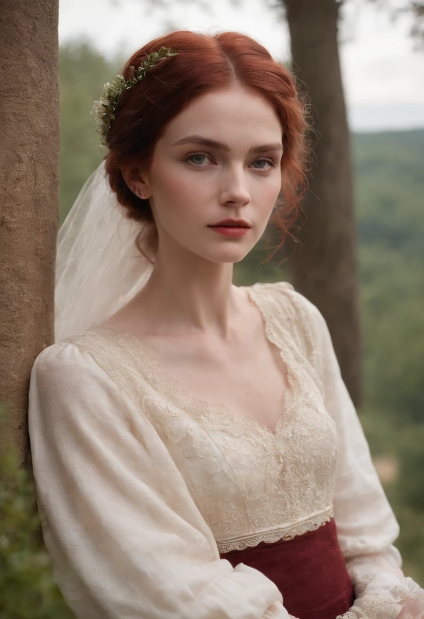 (((A deep reddish wound runs through his left cheek))) teint clair, woman about 19 years old, cheveux blancs naturels, Yeux verts distinctifs, Wearing kohl, mince et gracieux, beau, Candlelight in a medieval setting, Mise au point ultra nette, Realistic shooting, Medieval women's clothing, Tetradic colors (cicatrice:1.4)