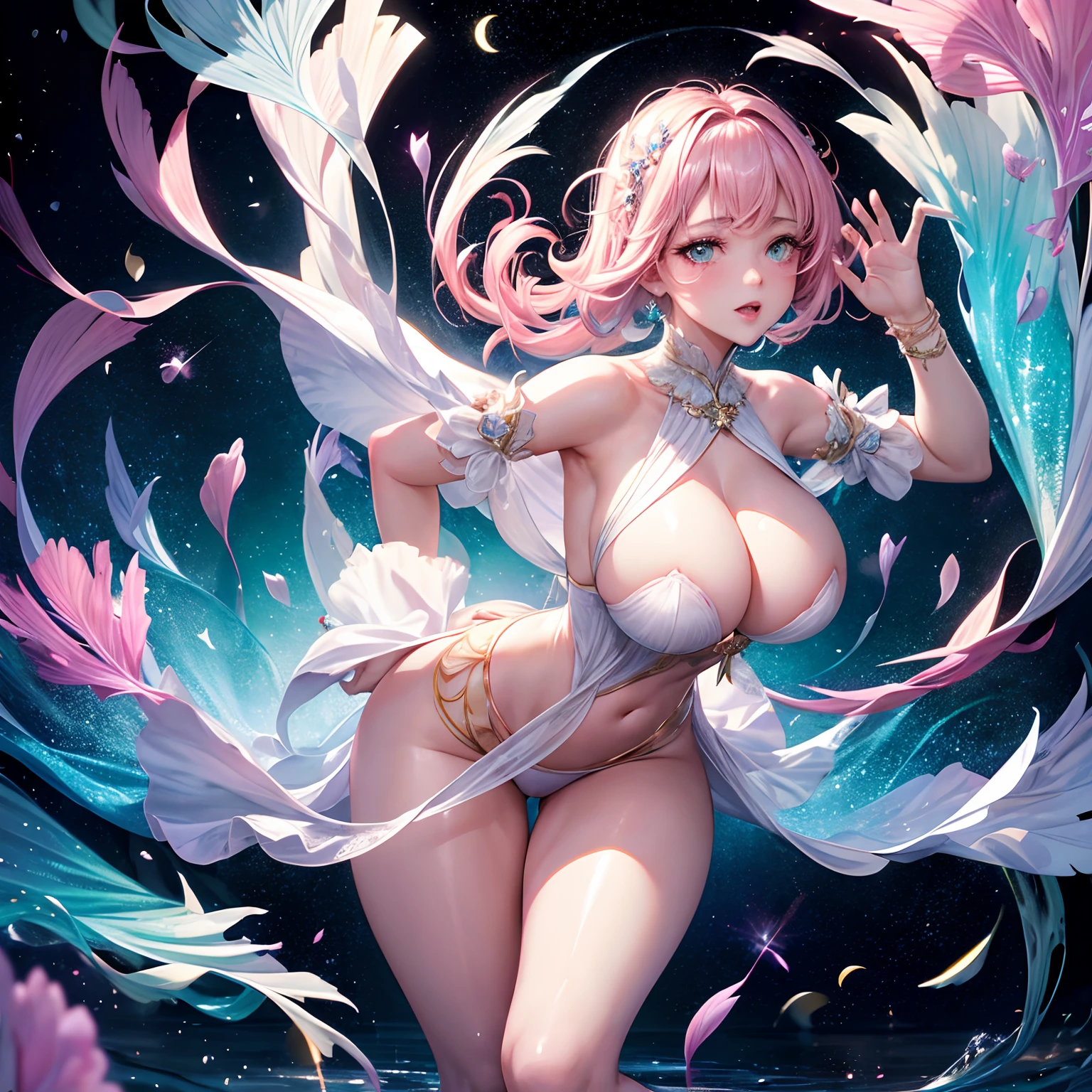 finest image, portrait, detailed and delicate depiction, beautiful cute sexy lady, amorous expression, lewd expression, ecstasy, orgasm, light pink glossy braided bangs iridescent messy short hair, emerald green sparkling big eyes, red alluring moist big thick lips, huge breasts, under boobs, side boobs, abs, ass, perfect proportion, long thin legs, sexy dress, stars and moon reflected on the water surface, background that emits fantastic light, light particles, light sparkles, petals, scatter white red gold and silver glitter and confetti, rainbow-colored feathers, professional lighting