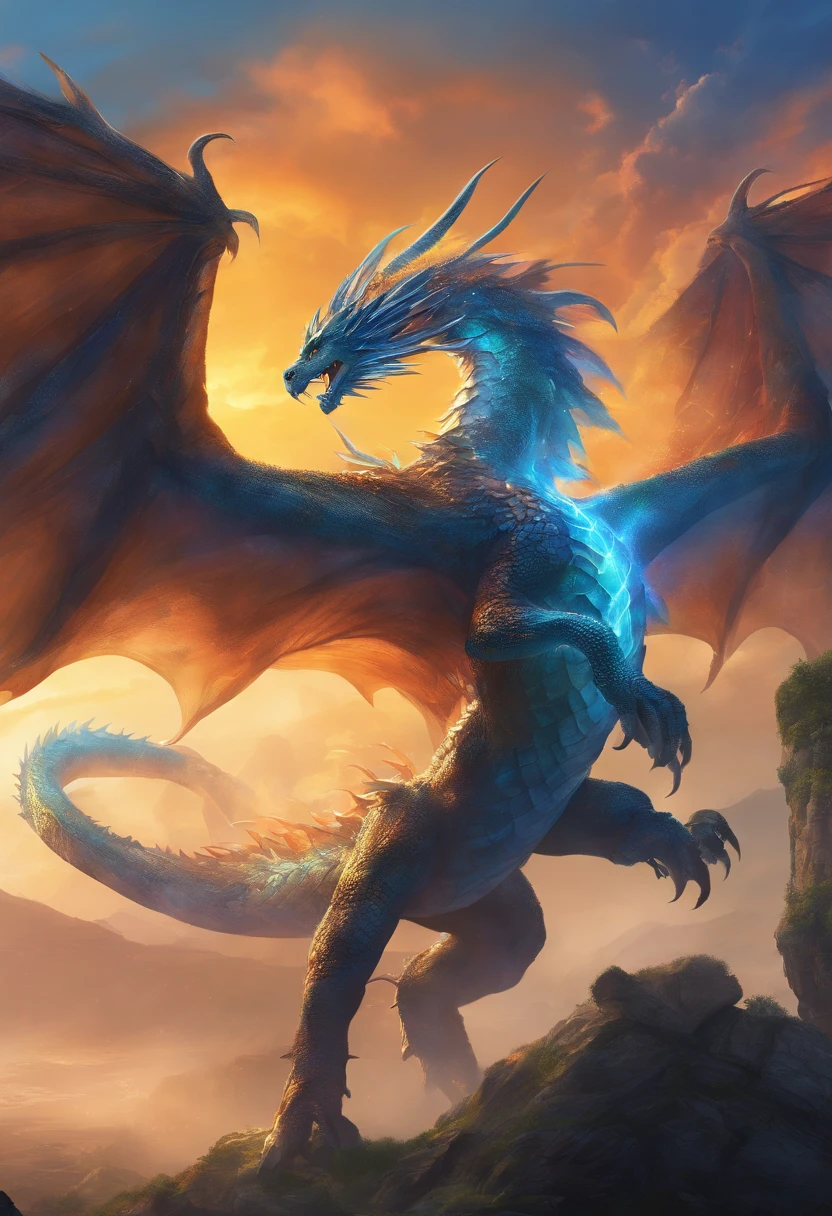 An amber, majestic, 90,000-kilometer long Dragon soaring in a place with a fierce gaze, standing tall and exuding immense power. [(best quality,4k,8k,highres,masterpiece:1.2),ultra-detailed,(realistic,photorealistic,photo-realistic:1.37),HDR,UHD,studio lighting,ultra-fine painting,sharp focus,physically-based rendering,extreme detail description,professional,vivid colors,bokeh], [illustration,concept artists], [detailed scales,dynamic motion,wind-swept scales], [vibrant blues and aquas,colorful gradient], [striking highlights and shadows to accentuate its form].