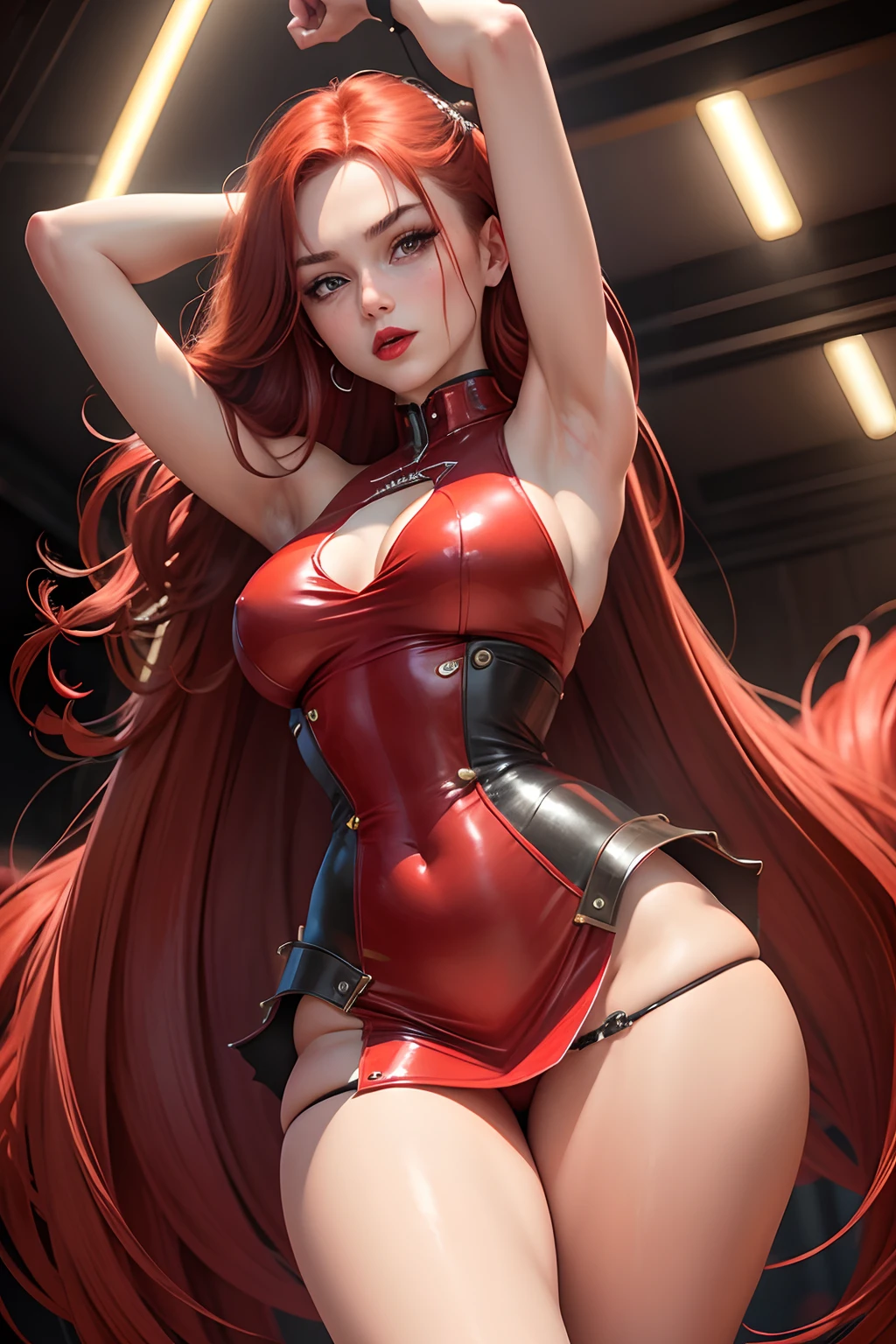 8k, hight_quality, best quality, teenager, mole_on_the_cheek, armpits, adult, thin_waist, redhair, ,long_tail_of_red_hair, brunette_skin, yellow_eyes, sexy_look, (waifu), big_legs, shotrs_dress, big_hips, stand_up, red_lips.