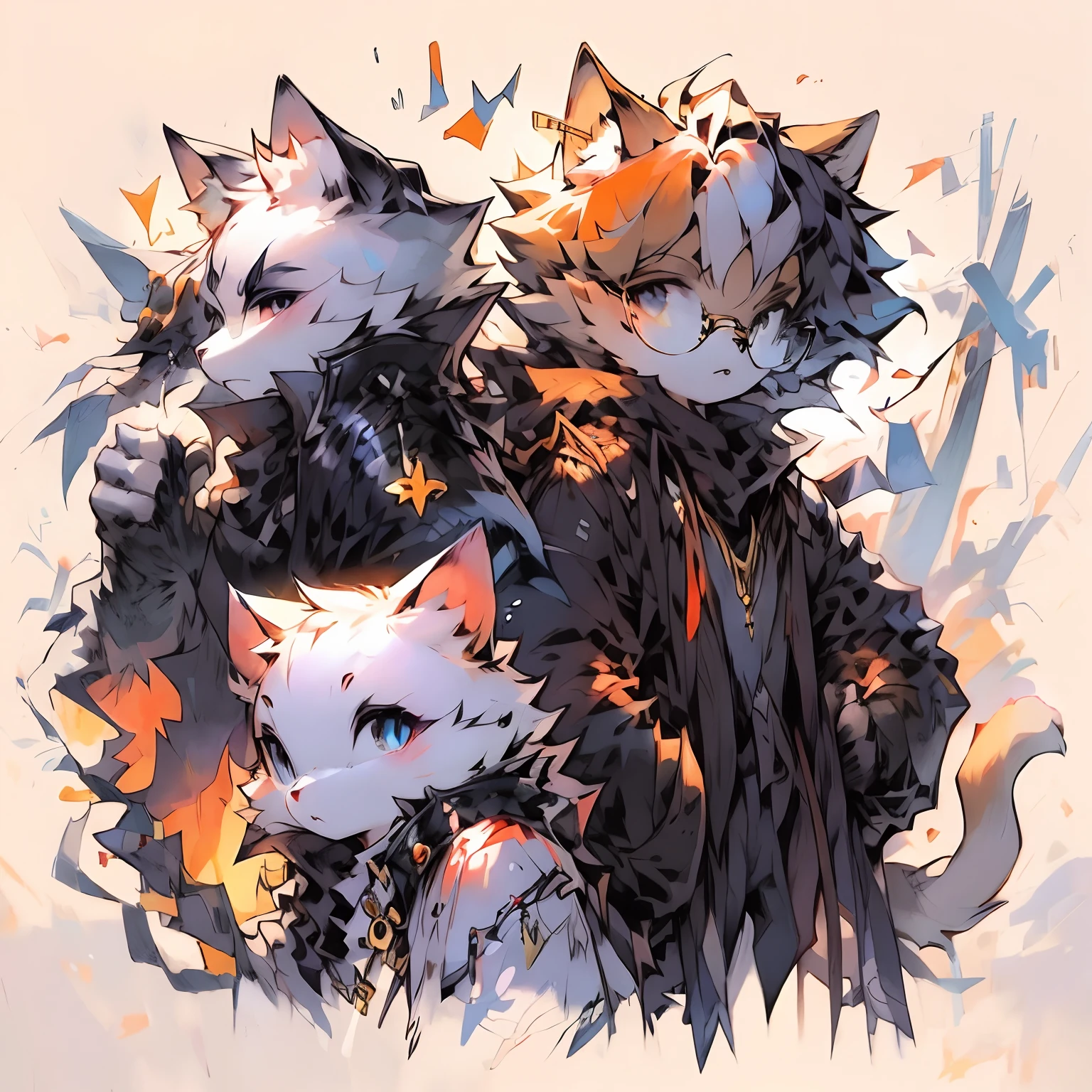 A cat with round-rimmed glasses is making trouble with a cat with gold wire glasses，Sunshine orange cat cat，High cold black and white cat cat，Black and white wind