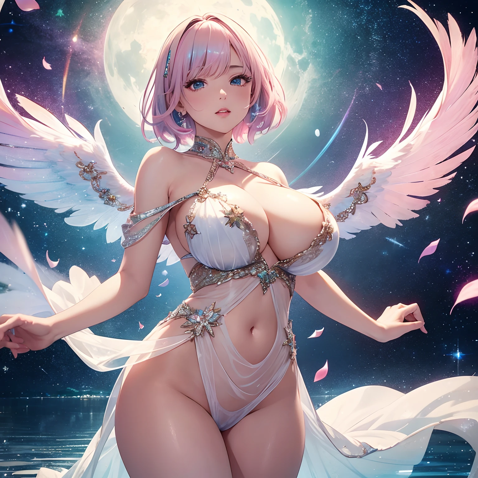 finest image, portrait, detailed and delicate depiction, beautiful cute sexy lady, amorous expression, lewd expression, ecstasy, orgasm, light pink glossy braided bangs iridescent messy short hair, emerald green sparkling big eyes, red alluring moist big thick lips, huge breasts, under boobs, side boobs, abs, ass, perfect proportion, long thin legs, sexy dress, stars and moon reflected on the water surface, background that emits fantastic light, light particles, light sparkles, petals, scatter white red gold and silver glitter and confetti, rainbow-colored feathers, professional lighting
