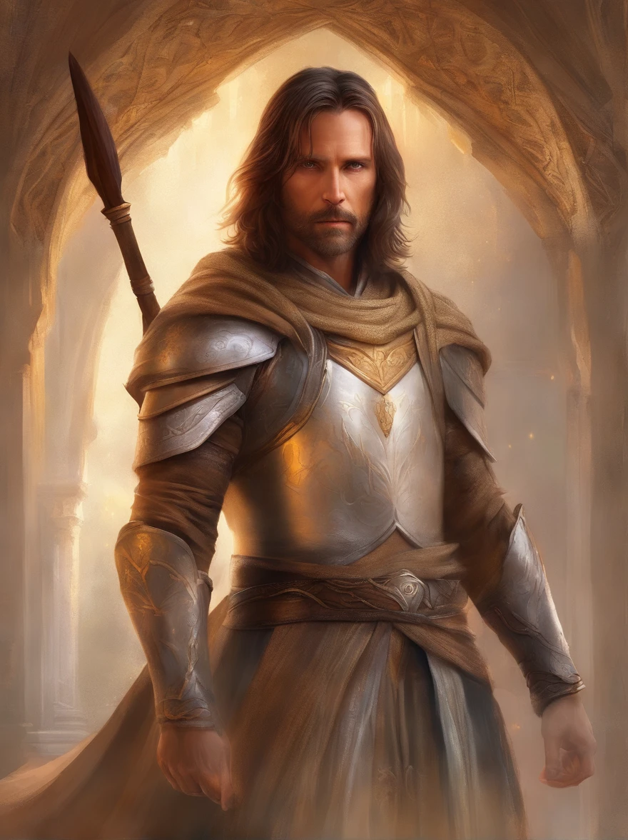 Rey Aragorn, armadura plateada, una corona plateada sobre su cabeza, brown hair and beard, Pose heroica, Altamente detallado, alta calidad, expresion serena, Parece Viggo Mortensen, imagen cuerpo completo
