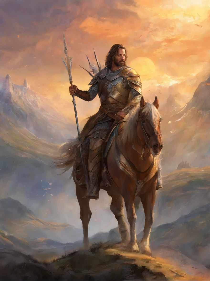Rey Aragorn, armadura plateada, una corona plateada sobre su cabeza, brown hair and beard, Pose heroica, Altamente detallado, alta calidad, expresion serena, Parece Viggo Mortensen, imagen cuerpo completo
