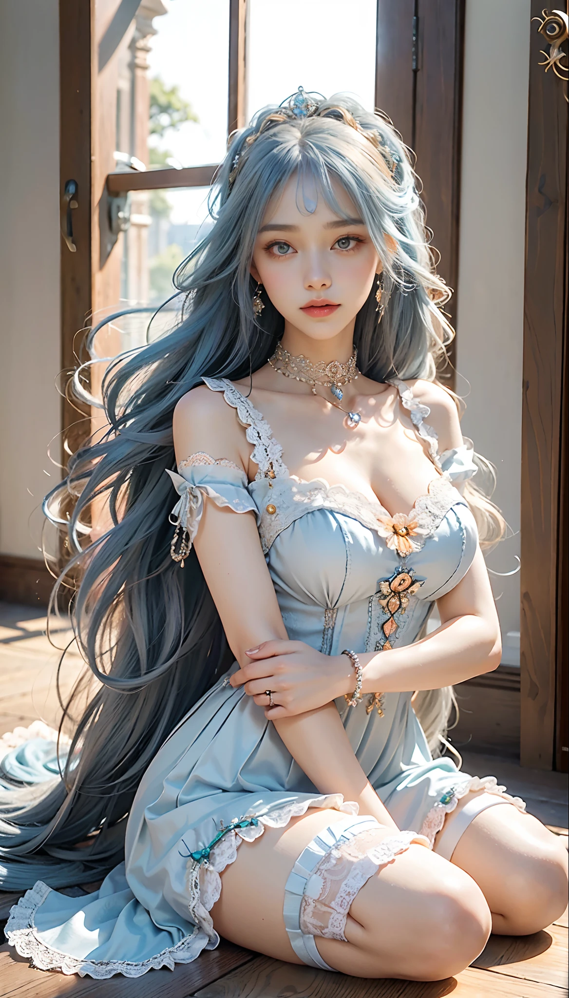 meticulous portrayal of face，1 noblewoman，(Lace orange Lolita maxi dress)，(Long flowing light blue hair)，Exquisite jewelry all over the body，Collar，Anklets，head chain，Lace-trimmed socks，(Lolita shoes)， s the perfect face， perfect hand， Perfect Finger， Perfect lips， perfect  eyes，Extremely normal body， Perfect background