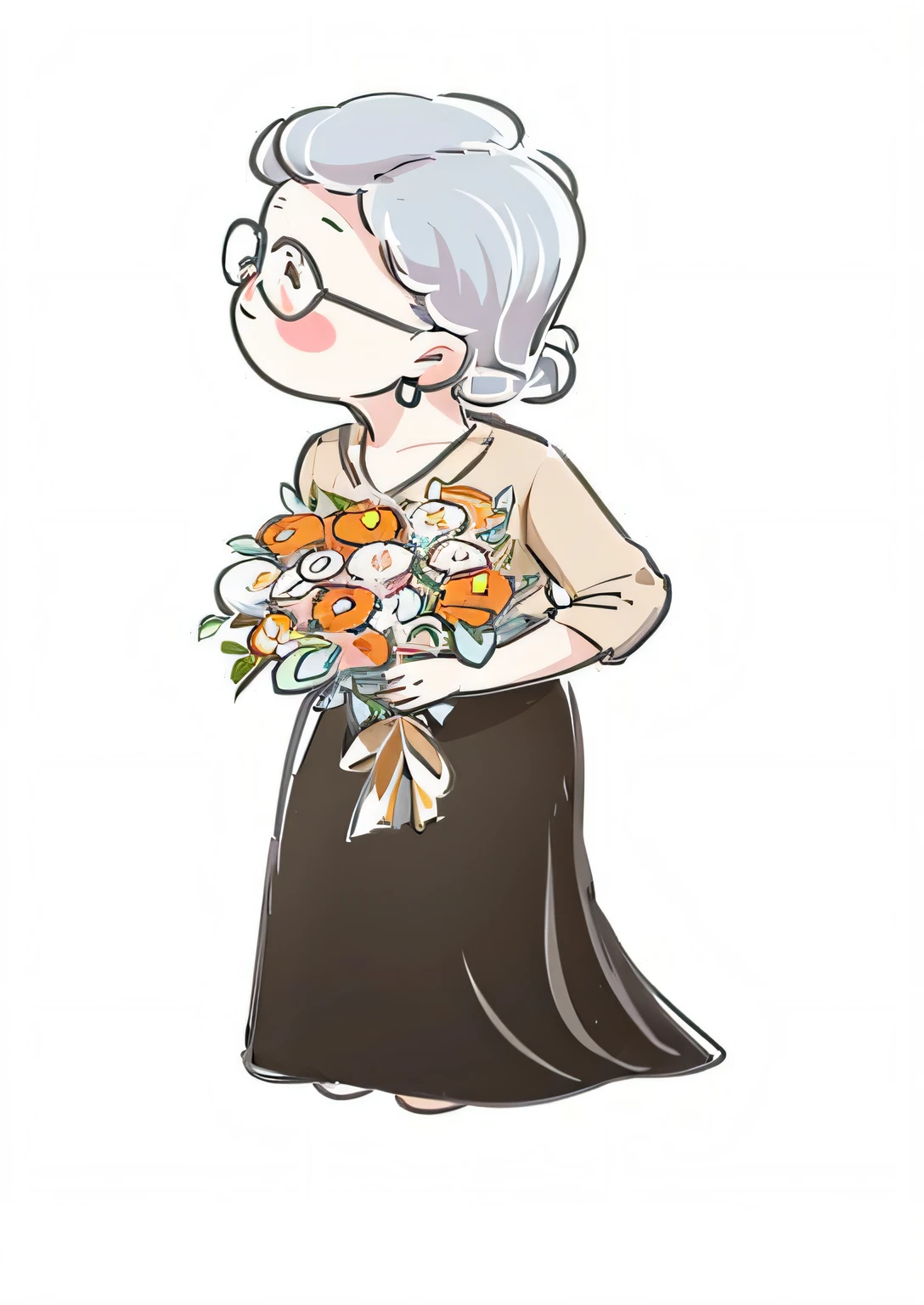 An old woman holds a bouquet of flowers in her hand, Old lady, An old lady, Holding flowers, With flowers, carrying flowers, Old woman, Older woman, female portrait with flowers, Grandma, wearing a hoodie and flowers, flowers on the cheeks of the heir, long silver hair with a flower, with frozen flowers around her, elderly greek goddess, flower queen