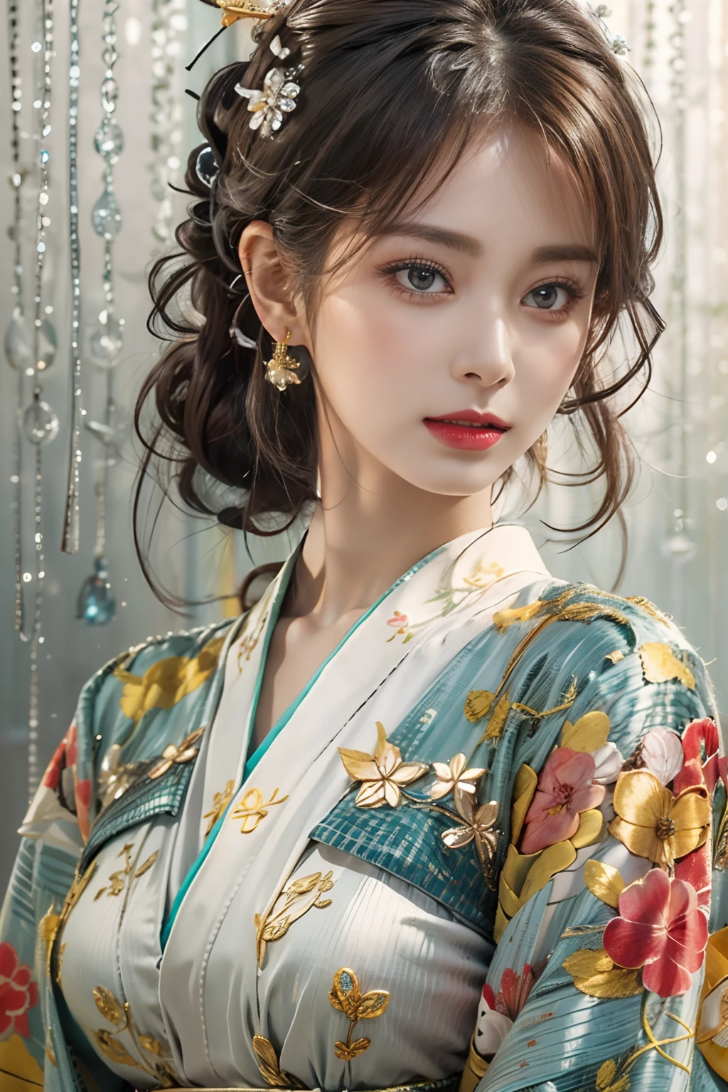 Photorealistic, High resolution, 1womanl, Solo, hips up high, look at viewr, (Detailed face), Kimono, jewely、