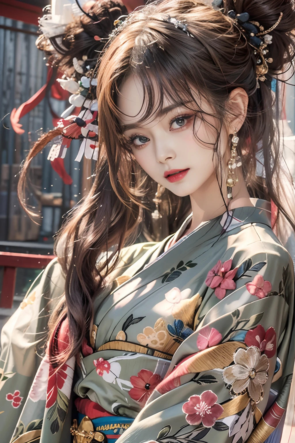 Photorealistic, High resolution, 1womanl, Solo, hips up high, look at viewr, (Detailed face), Kimono, jewely、