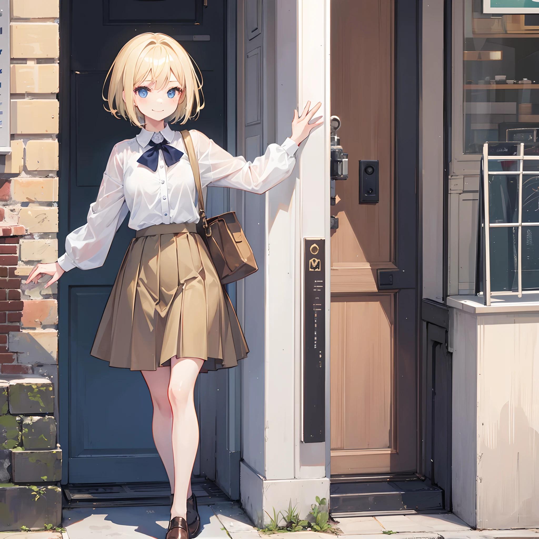1 girl, smiling, european, skirt, (small) chillerism, short blonde hair, European street