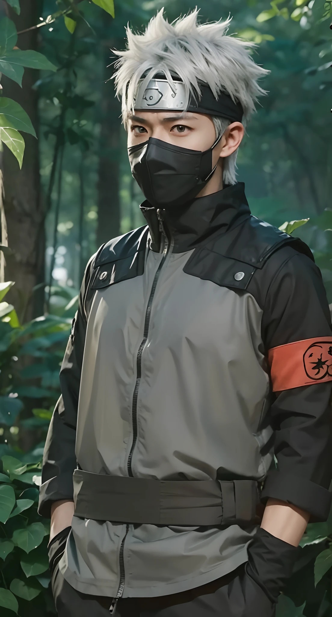Real life adaption of this character,his name is Kakashi hatake from anime Naruto,Korean handsome face, realistic same outfit , realistic same hair, hyper realistic, realistic background jungle, realistic light, realistic shadow, realism,(photorealistic:1.2), very muscular body