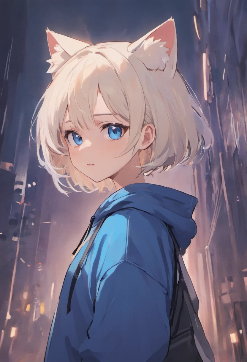 teens girl,There are cat ears on the head,blue color eyes,Short white hair,Black sweatshirt,Hand in pocket,sideface,white backgrounid