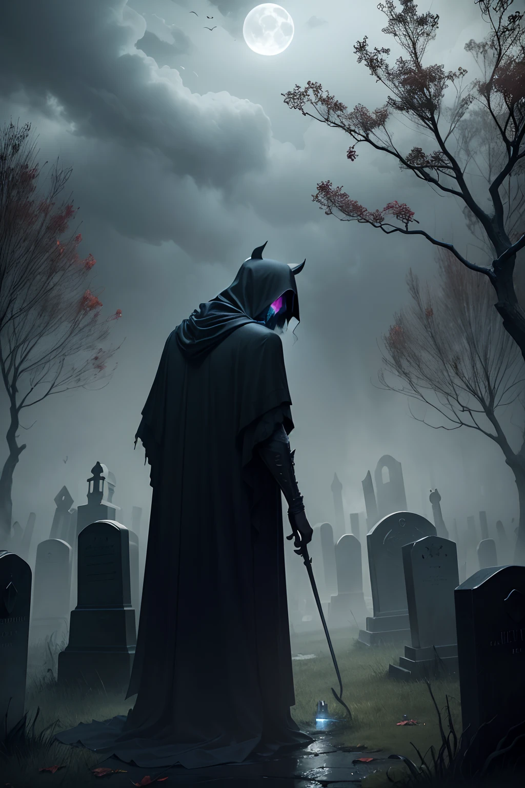 (best quality,4k,8k,highres,masterpiece:1.2),ultra-detailed,realistic,scary,grim reaper,spooky vibe,gloomy atmosphere,dark shadows,sinister presence,haunting figure,glowing red eyes,flowing black cloak,bony fingers,long scythe,creepy skull face,wispy smoke,full moon,nighttime scene,eerie lighting,Halloween style,horror,macabre,gothic,ominous aura,cemetery setting,fallen leaves,gravestones,misty ground,spiderwebs,dark clouds,thunder and lightning,horde of bats,uneasy silence