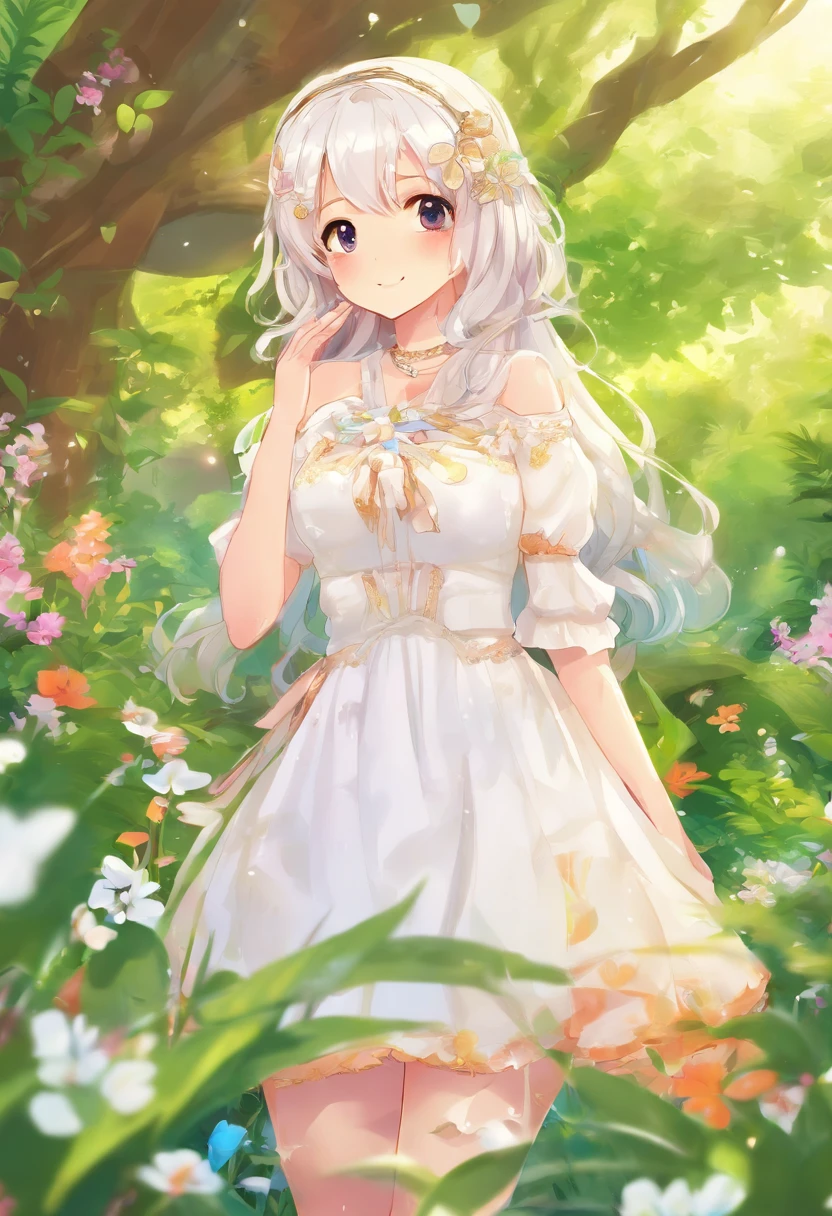 Woman in white dress, tight with a background in a forest