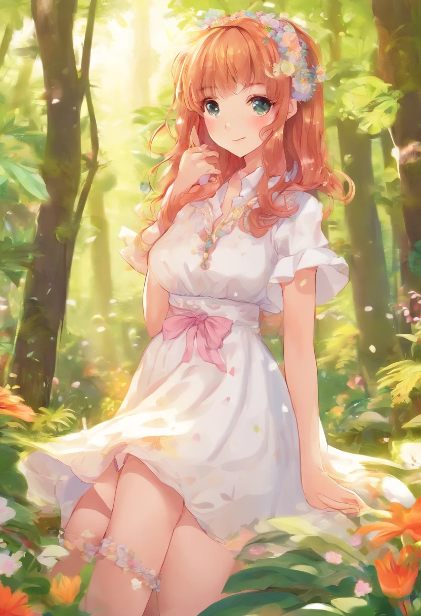 Woman in white dress, tight with a background in a forest