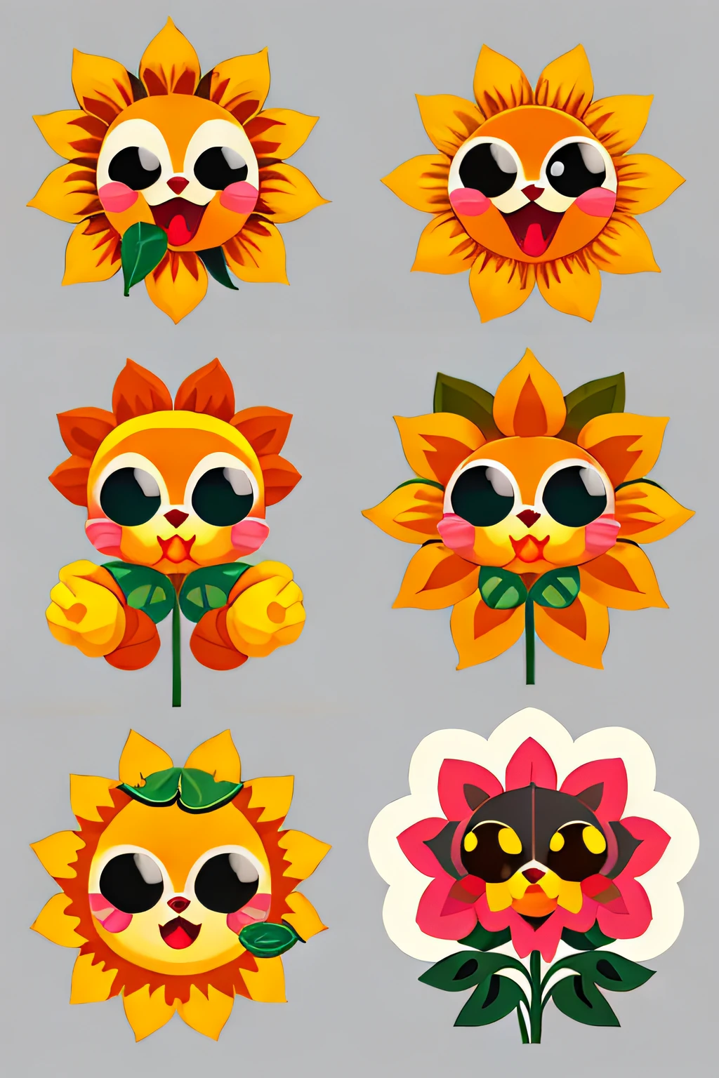 stickers of four sunflower,cute,anthropomorphic sunflower,fear