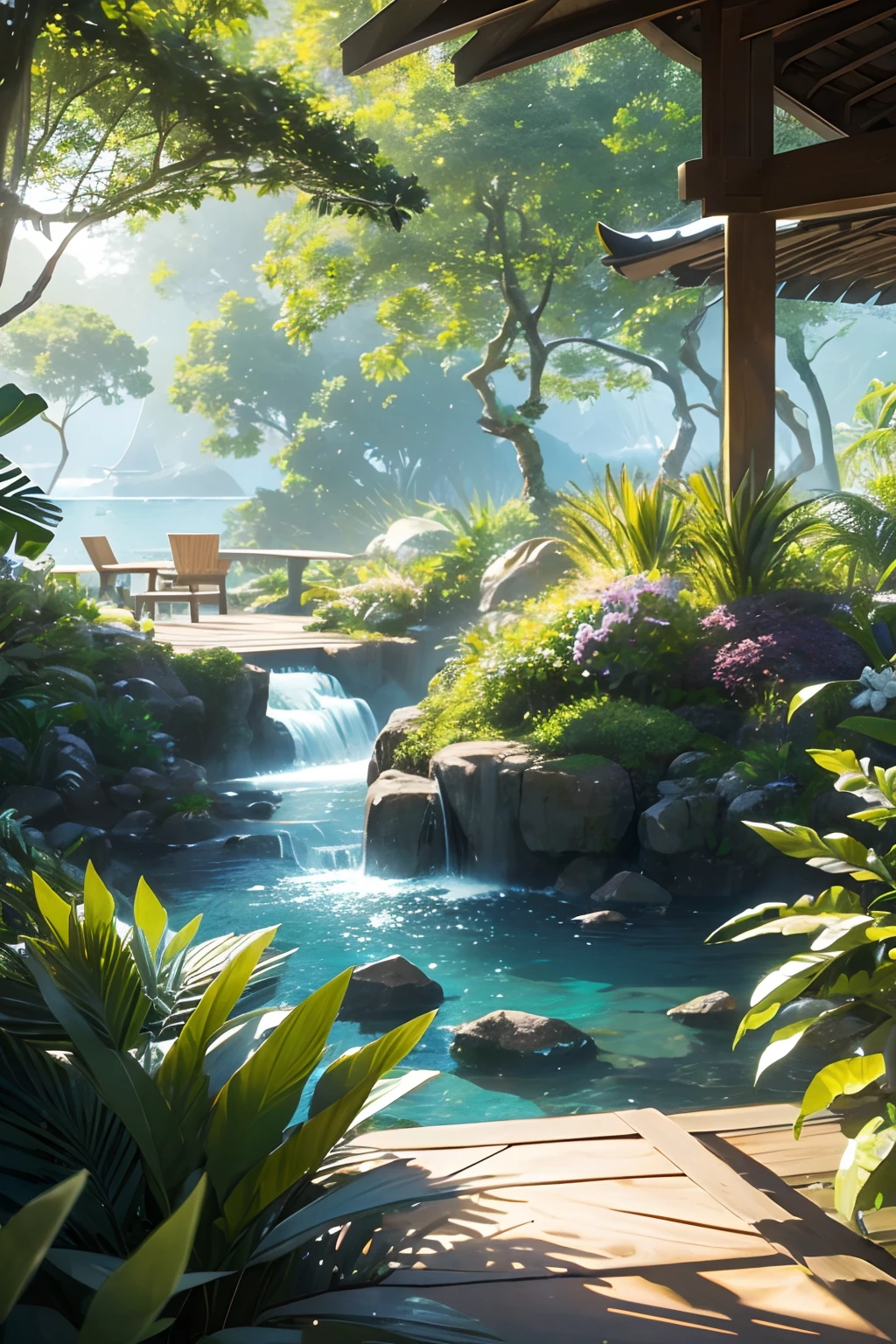 ((masterpiece, best quality, cinematic, photorealistic, ultra-detailed)),
In the artful vision of "Harmony of Havens," envision two distinct scenes seamlessly woven together. On a cliff overlooking a vast ocean, "Elysian Haven" emerges—a structure embodying classic design principles harmoniously with nature's elements, its green roof and sustainable features melding with the seascape. Transitioning to a lush "Tropical Oasis," a second pavilion nestles in a vibrant rainforest, connected by wooden walkways, its design integrating luxury with eco-consciousness. This picturesque blend of architectural precision and vibrant tropical realism is painted with impressionist strokes, capturing the fleeting beauty of these havens, where the sound of distant waterfalls and the play of light on leaves create a visual symphony, inviting viewers into the serene embrace of these dreamlike retreats.