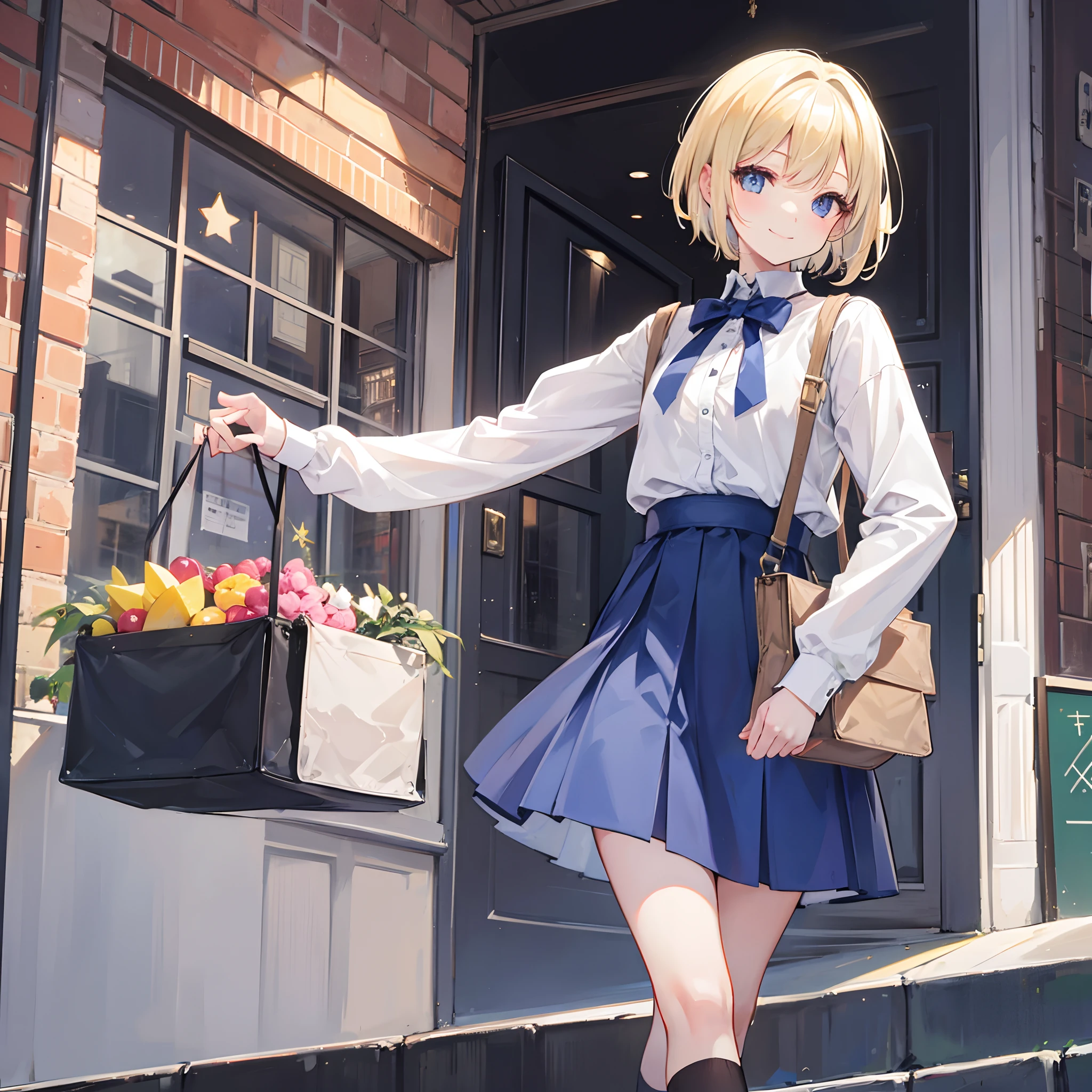 1 girl, smiling, european, skirt, (small) chillerism, short blonde hair, European street