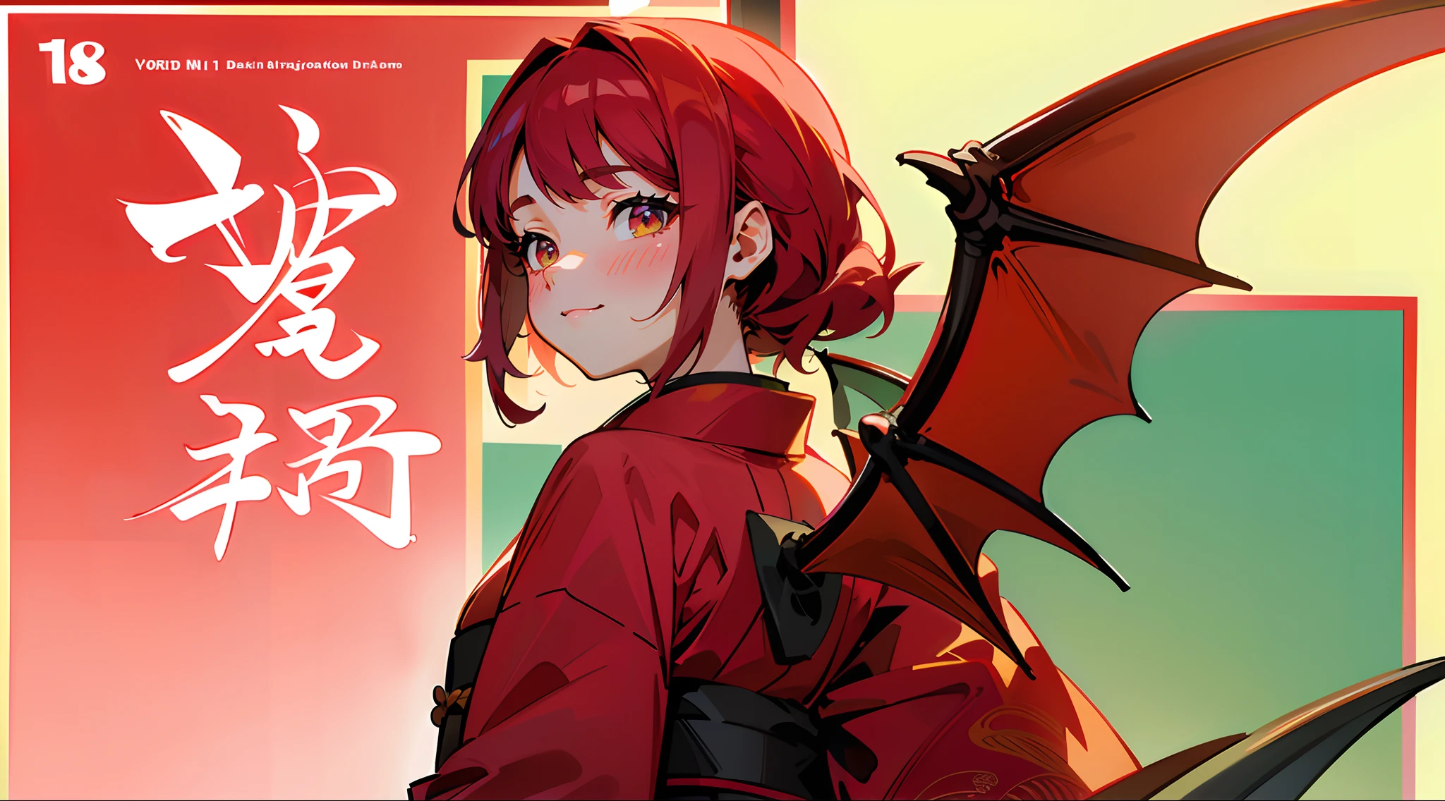 ((18-year-old woman in cherry colored kimono、Woman with dragon cub smiling on screen on back,Dragon wings growing on the back,))Pink Kurdish hair, Green background only,