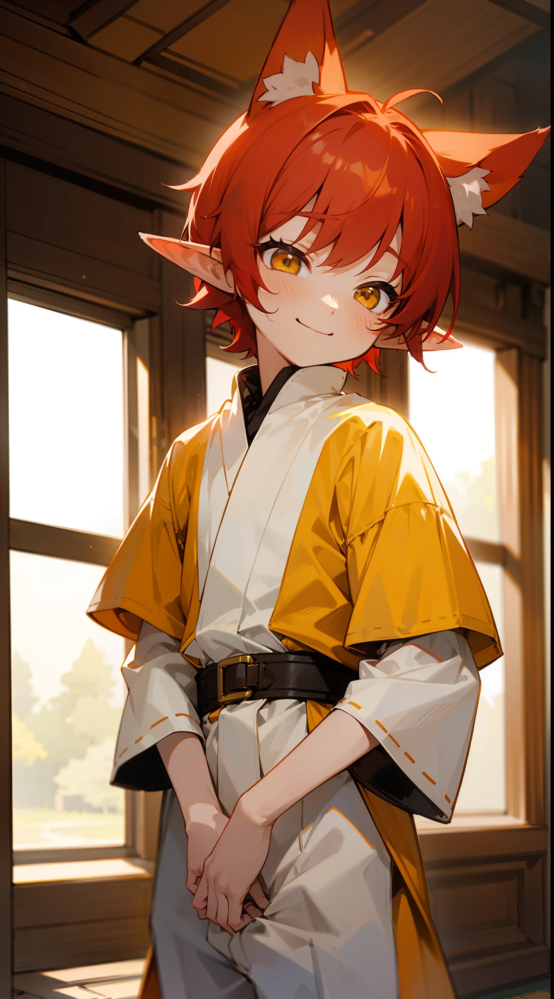 Boy, Boy, Little Boy, Shota,(little boy,4 years old),white sleep outfit,red hair,short hair,yellow eyes,elf ears,fox ears,solo,smile,cowboy shot,standing in a room