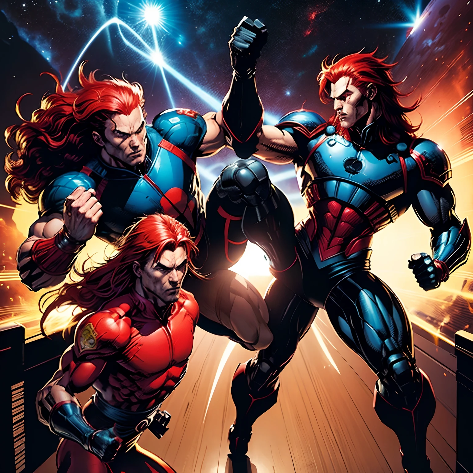 Street Fighter Ken Masters Lonely Man With Long Red Hair And Black Uniform Fighting Kung Fu in Space vs. Lots of Comics Robots