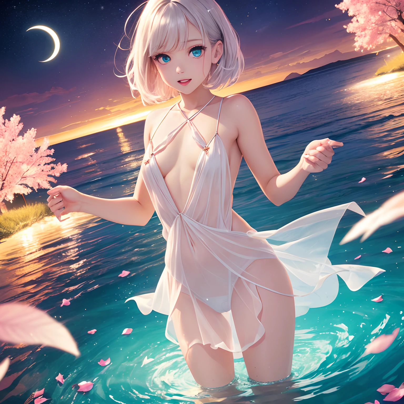 finest image, portrait, detailed and delicate depiction, beautiful cute sexy lady, amorous expression, lewd expression, ecstasy, orgasm, light pink glossy braided bangs iridescent messy short hair, emerald green sparkling big eyes, red alluring moist big thick lips, (flat chest:1.4), abs, ass, slender, long thin legs, sexy dress, stars and moon reflected on the water surface, background that emits fantastic light, light particles, light sparkles, petals, scatter white red gold and silver glitter and confetti, rainbow-colored feathers, professional lighting