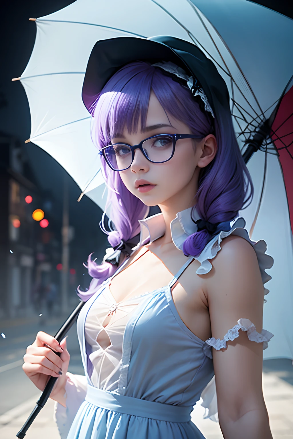 Girl with purple hair, white shirt, (((overlaid blue dress))), black square glasses, using a white and red umbrella, Halloween style