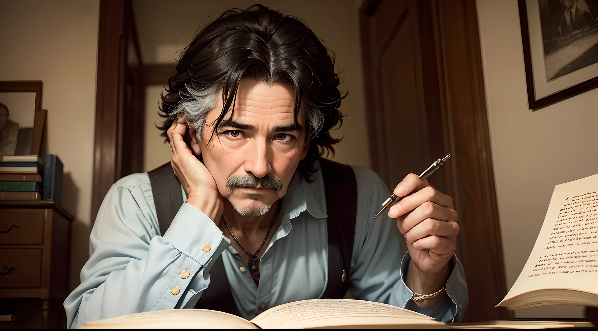 Marcos Twain, the renowned American author, is captured in a captivating photograph that showcases his distinct personality and literary genius. The image is rendered in a striking photographic style, with increased sharpness and powerful contrast that accentuates every detail. Twain's features are brought to life with remarkable precision, from the twinkle in his eyes to the wrinkles etched into his face, conveying his wit and the wisdom gained over a lifetime of storytelling. This evocative portrait pays homage to Twain's enduring legacy, inviting viewers to delve into the captivating world of his words and embrace the spirit of literary adventure. --I