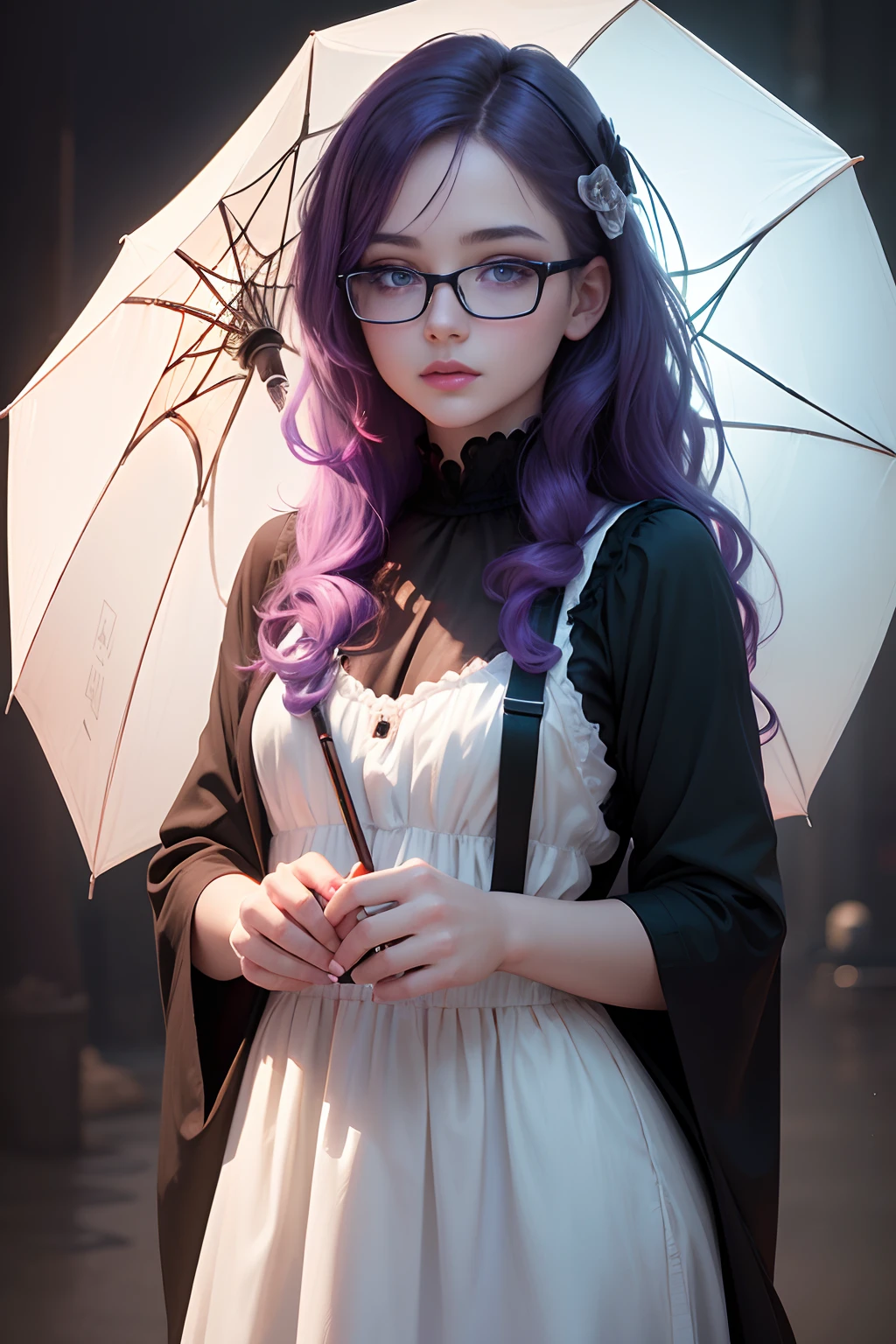 (best quality,highres:1.2),ultra-detailed,(realistic:1.37)
girl,beautiful detailed eyes,beautiful detailed lips,extremely detailed eyes and face,long eyelashes,medium:oil painting
purple hair,white shirt,overlaid blue dress,girl wearing black square glasses,girl using a white and red umbrella,girl with Halloween style
vivid colors,purple tones,blue tones,contrast of black and white,subtle red accents
soft and warm lighting,casting gentle highlights and shadows