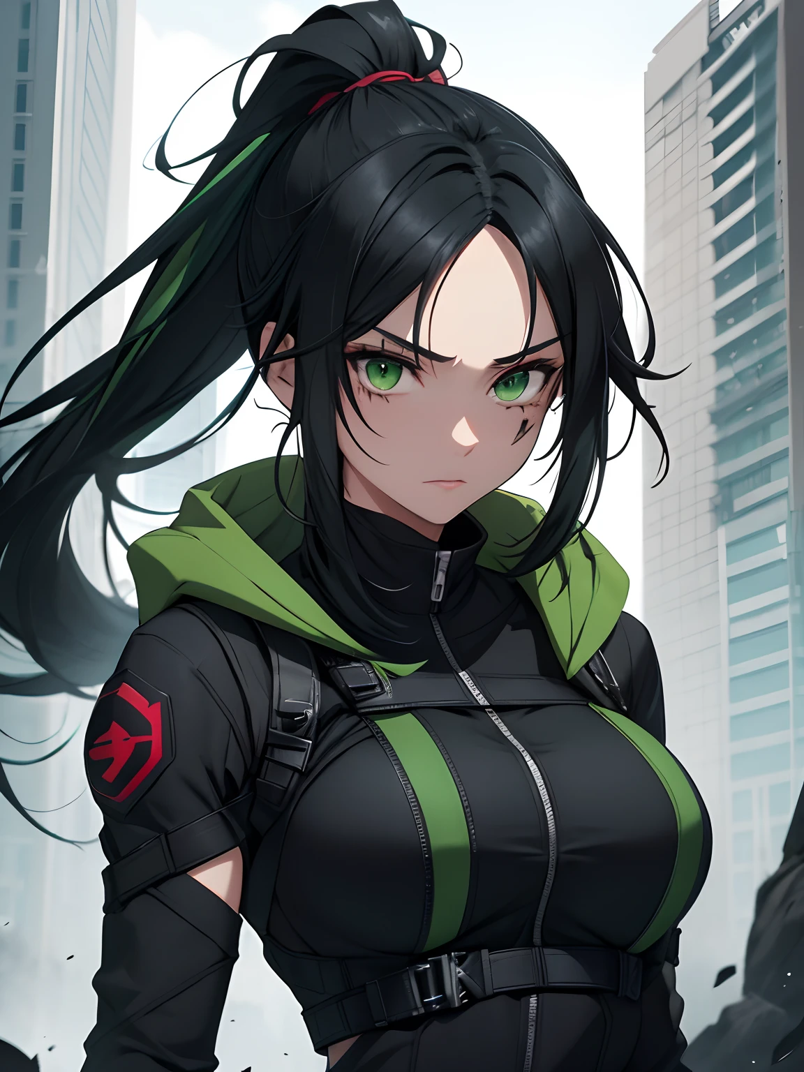 Rena Kuro:

5'7", athletic build.
Olive skin with a battle scar on the right cheek.
Emerald green eyes that flicker blue with "hashin".
Raven-black hair, mid-back length, usually in a high ponytail.
Wears a charcoal combat suit with a tattered cloak and a utility belt.
