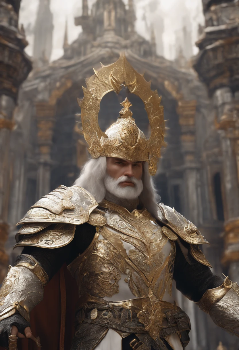man, dressed mainly in white, secondary colors of silver, golden and black, in fantasy city, highly detailed, digital art, looking at viewer, artstation style, intrincate details, noble man armor, sword on hand,