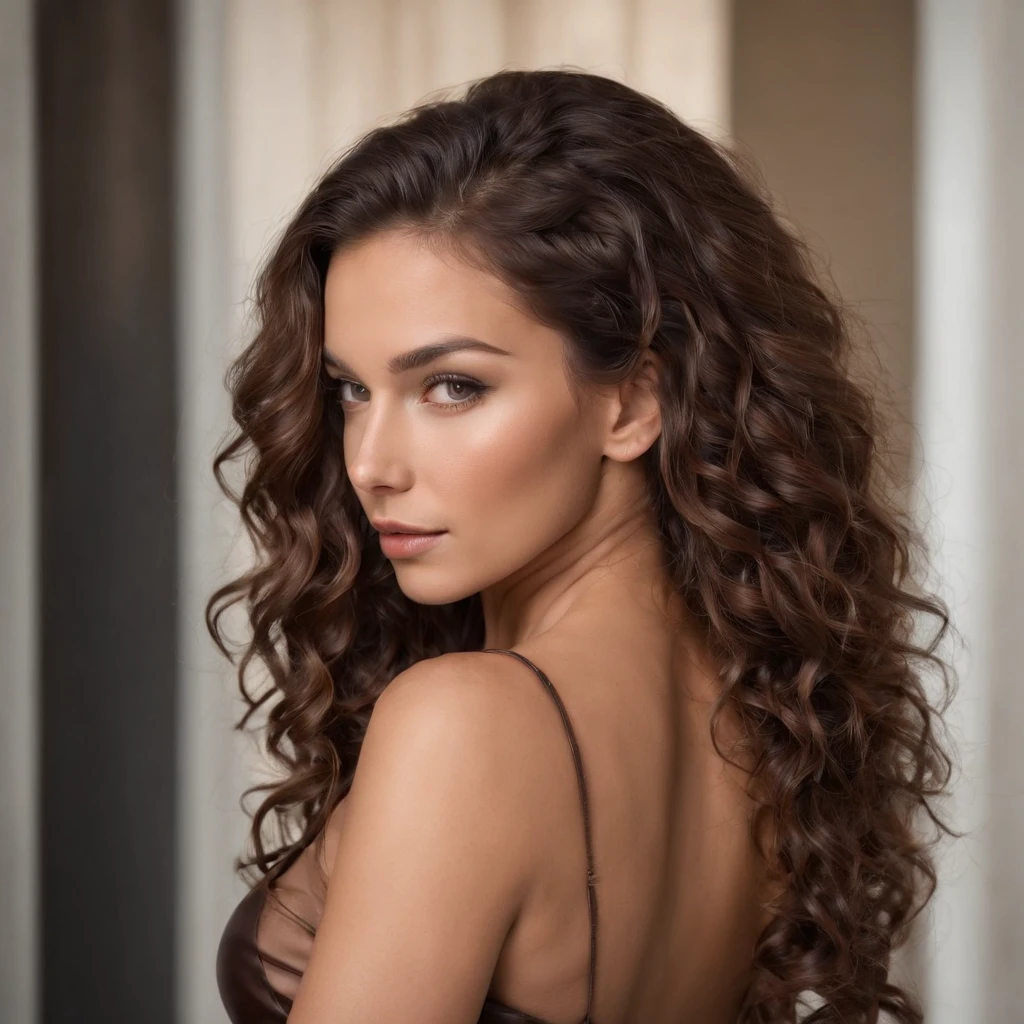 23-year-old woman with tanned skin and leather outfit, (seductive look and voluminous curly hair and happy expression in sensual pose, in einer Disko), full entire body, Fokus auf Lederoutfit, Perfect skin and tan, Sonneneinstrahlung, Geringe Verschattung, Zartes Gesicht, goldene Haut( Realist, vibrierend, sinnlich, Brennpunkt, scharf) (Leder), braune Locken, sexy