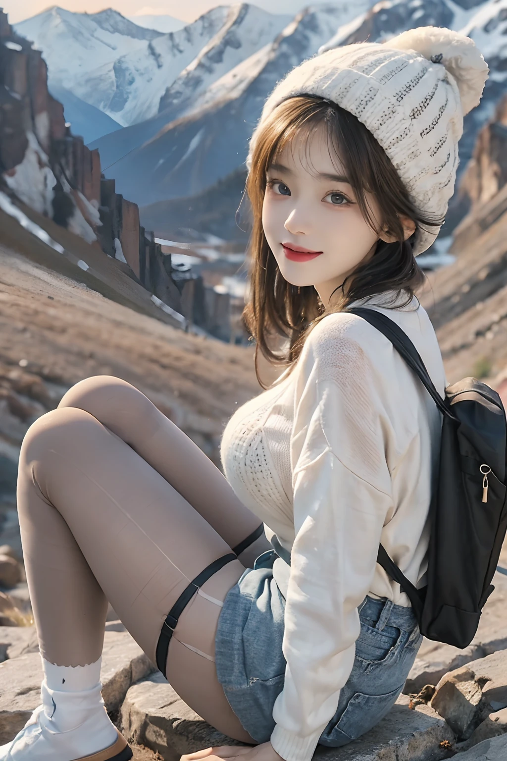 ((top-quality、8K、masterpiece:1.3))、foco nítido:1.2、(realisitic、Photorealsitic:1.37)、((A smile))、Blue and white striped tights、((Highly detailed thick tights,))、full body Esbian、Beautiful Face Woman、28 year old、((very Bigger breasts))、having with、pointed chest、NSFW、long eyeslashes、Colorcon、Big 、delicated、Very detailed eyes、Highly detailed eyebrows、((Beautiful ass))、(Sharp Eyebrows)、(Thin eyebrows)、tshirts、very vey very detailed face、((Wearing a knitted hat)),Erect ,Clothed、((Mountain Girl))、shortpants、Carrying a rucksack、frombelow、Paper Cups、drinking a cup of coffee、outside of house、Sit on rocky ground、((Earthen floor))、((View from the summit))、Detailed background(8K、masterpiece、top-quality、Raw foto)