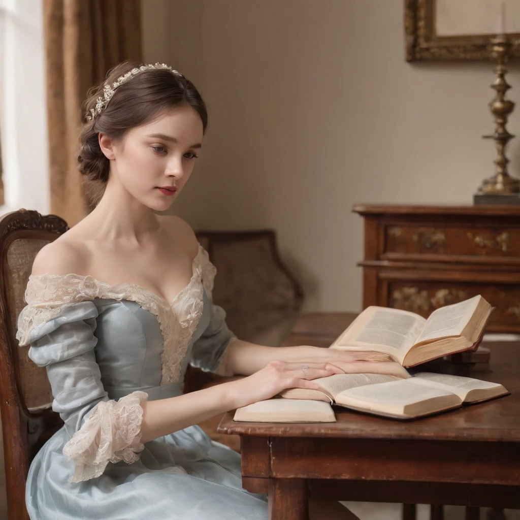 Young female scientist of the 19th century,Sit in the classic study indoors。22-year-old female scientist,She was half-reclining in the comfortable armchair in her room。,Dressed in 19th-century women's typical clothing,Blue and white tulle mid-skirt,Flesh-colored tights that have been used for a while。Caroline has beautiful golden shawl slightly curly hair。She stared intently at a physics book on her lap。On the small table next to the chair was her notebook and a slender pen。Sunlight comes in through the window,The décor of the room is simple but elegant。Realistic style depiction,。 16k, highdetailskin，High detail clothing body。full bodyesbian，head to toe。