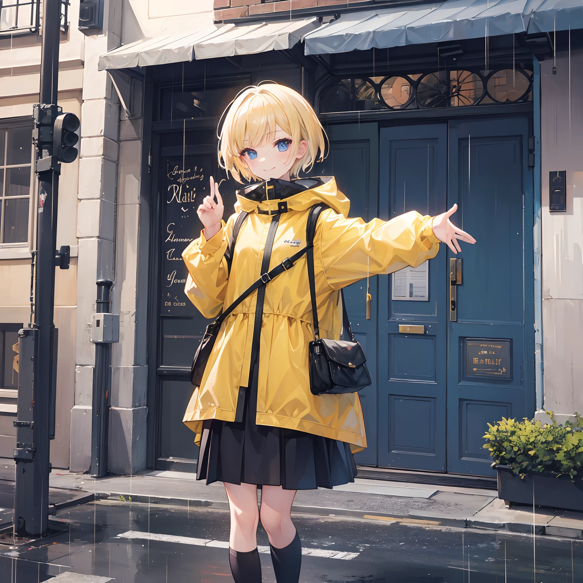 1 girl, smiling, european, rain coat, skirt, (small) chillerism, short blonde hair, European street