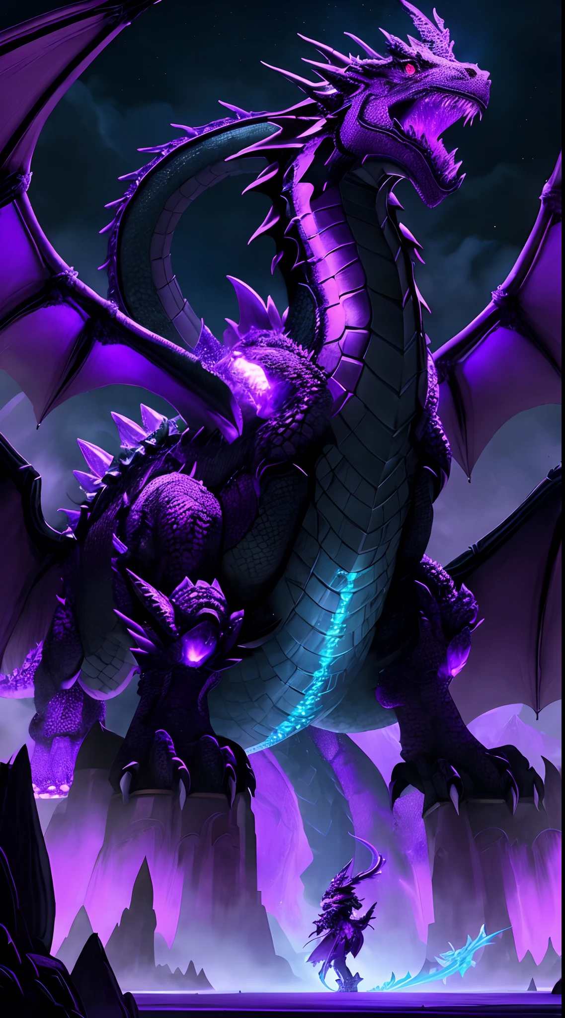 a picture of a dragon with purple and yellow eyes and a purple tail, colossal dragon as background, colossal dragon in background, dragon in the background, dragon in dragon lair, purple glowing core in armor, crystal dragon, purple fire around magic arena, legendary dragon, style of duelyst, lightning dragons attack, draconic looking armor, painted in the style arcane