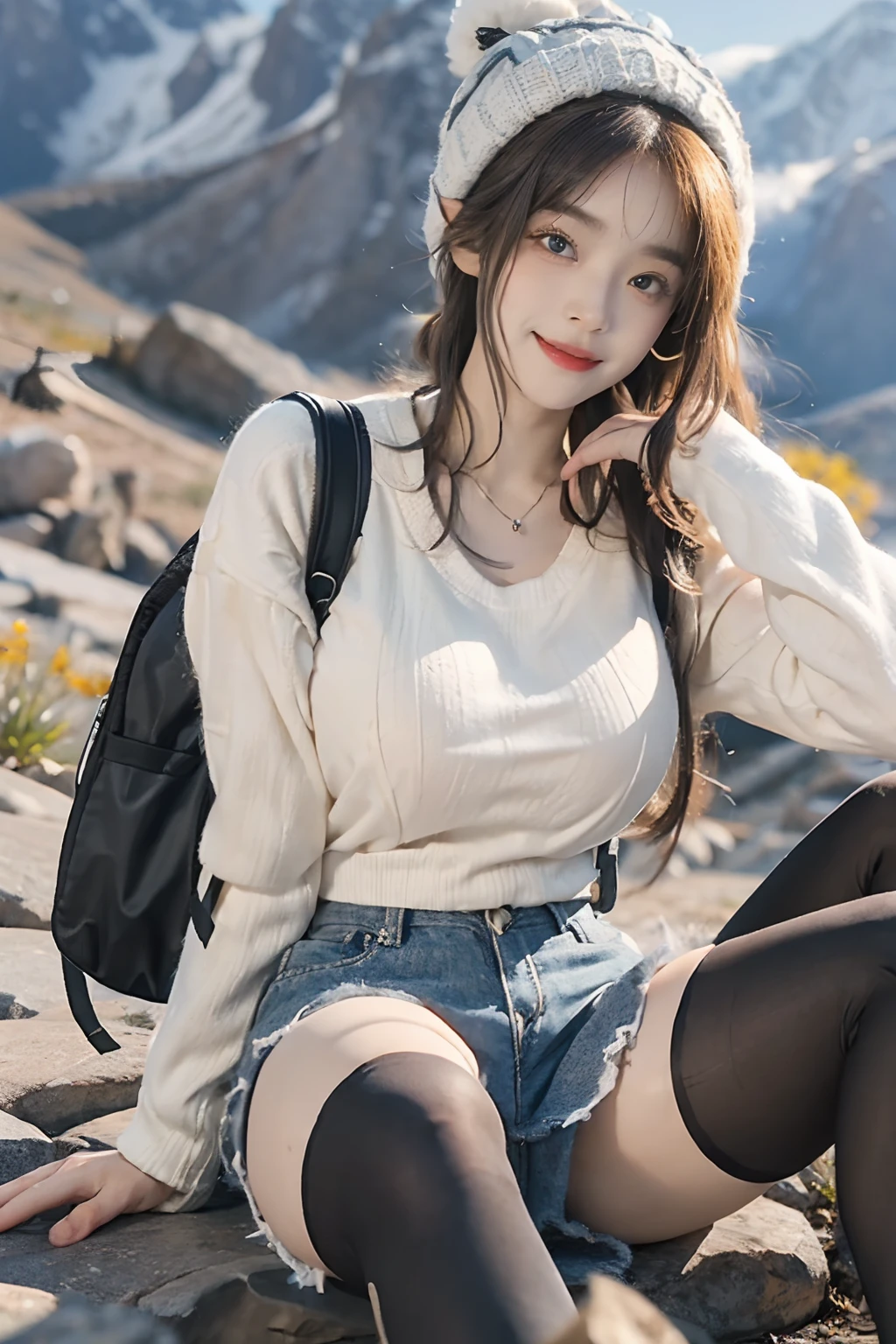 ((top-quality、8K、masterpiece:1.3))、foco nítido:1.2、(realisitic、Photorealsitic:1.37)、((A smile))、Blue and white striped tights、((Highly detailed thick tights,))、full body Esbian、Beautiful Face Woman、28 year old、((very Bigger breasts))、having with、pointed chest、NSFW、long eyeslashes、Colorcon、Big 、delicated、Very detailed eyes、Highly detailed eyebrows、((Beautiful ass))、(Sharp Eyebrows)、(Thin eyebrows)、tshirts、very vey very detailed face、((Wearing a knitted hat)),Erect ,Clothed、((Mountain Girl))、shortpants、Carrying a rucksack、frombelow、Paper Cups、drinking a cup of coffee、outside of house、Sit on rocky ground、((Earthen floor))、((View from the summit))、Detailed background(8K、masterpiece、top-quality、Raw foto)