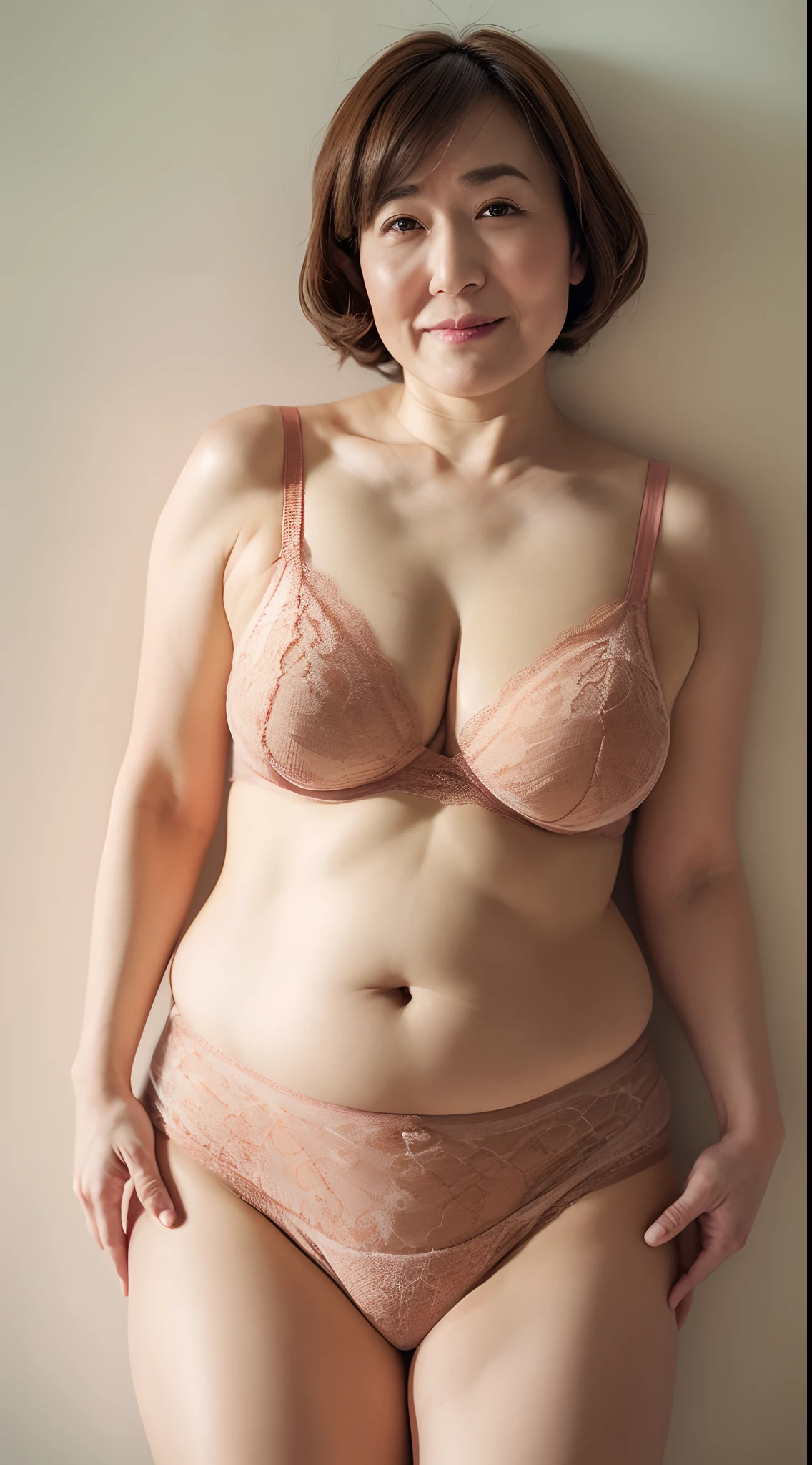 Perfect Anatomy, Opening legs, (((Staring at this:1.3))), 3 point perspective, Extremely detailed, Portrait of a chubby, ((Underwear)), Small bra, Small Panties, Straight front angle, A MILF, ((masutepiece)), top-quality, high-level image quality,16 K, (Emphasis on the chest), Colossal tits, Saggy udder, ,90 years old,