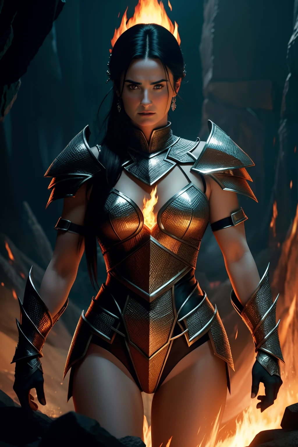 demi moore, fire, nightfall, Crystal armor, Anatomically correct, best quality, ultra-detailed, 4K, cinematic lighting effects, bottom-up perspective