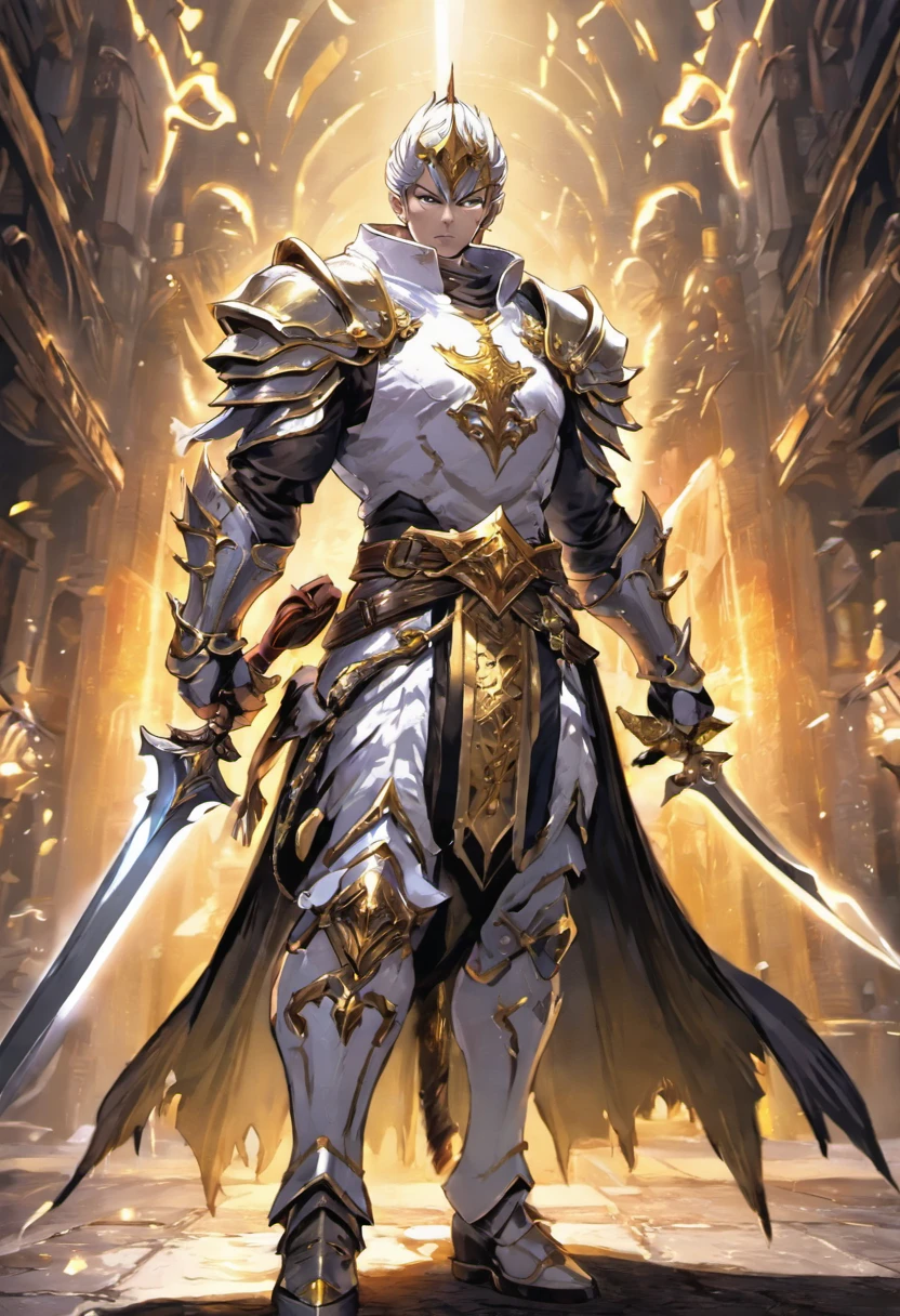 man, dressed mainly in white, secondary colors of silver, golden and black, in fantasy city, highly detailed, digital art, looking at viewer, artstation style, intrincate details, noble man armor, sword on hand, knight style